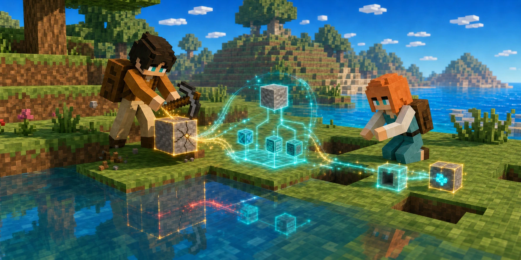 The canonical villager boy strikes a stone voxel that remains inside an amber pending lattice while the villager girl observes a cyan validation projection; confirmation records the missing coordinate, while a faint rejected echo returns through the water.