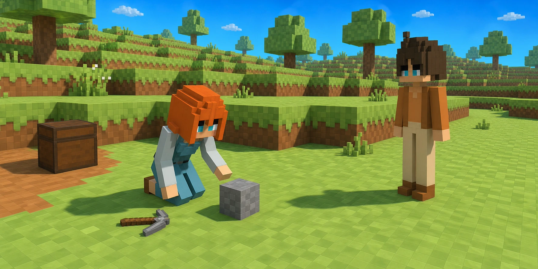 In a teaching scene generated from the canonical villagers and real Chunk.js hillside reference, the girl studies one intact stone voxel while a pickaxe rests unused on the grass and the boy waits at a distance.
