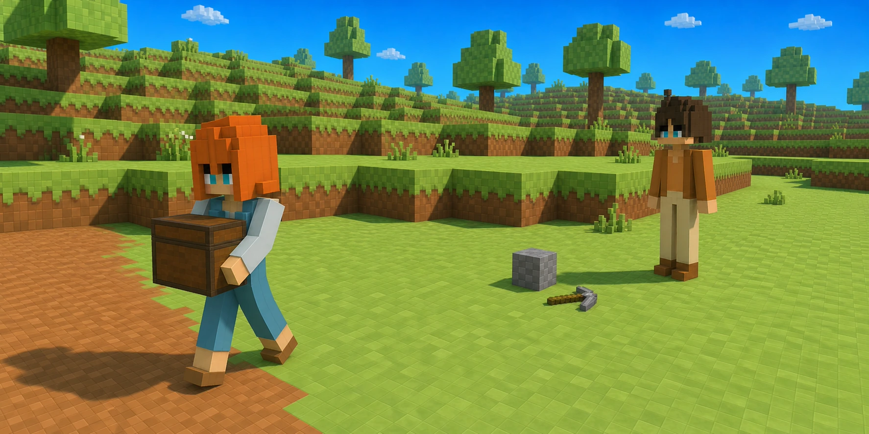 In a teaching scene generated from the canonical villagers and real Chunk.js hillside reference, the girl walks away carrying the same closed chest while the boy, intact stone, and unused pickaxe remain behind.