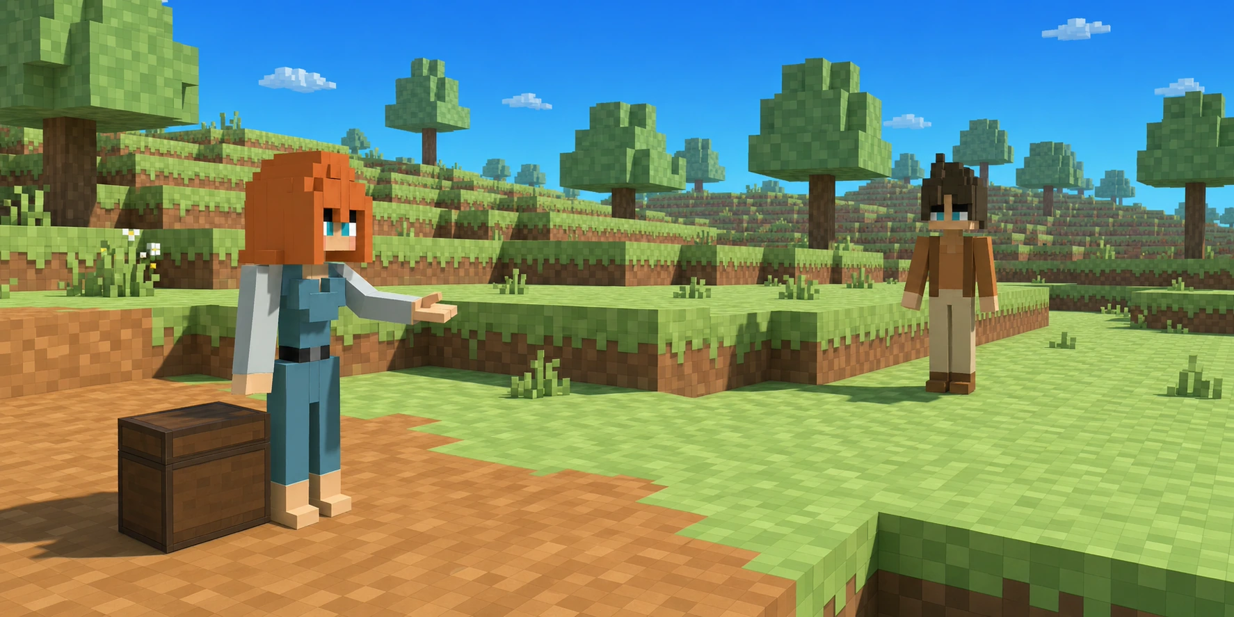 In a teaching scene generated from the canonical NiceChunk villagers and a real Chunk.js hillside reference, the girl greets the boy with an empty open hand while a closed wooden chest stays beside her.