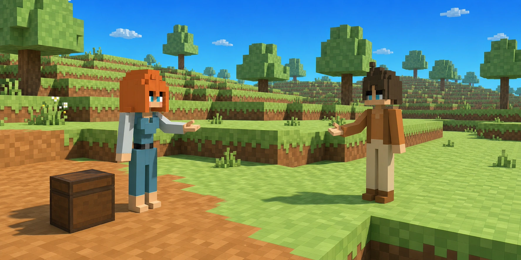In a teaching scene generated from the canonical villagers and real Chunk.js hillside reference, the girl and boy recognize each other with separated empty hands while the same closed chest remains behind the girl.