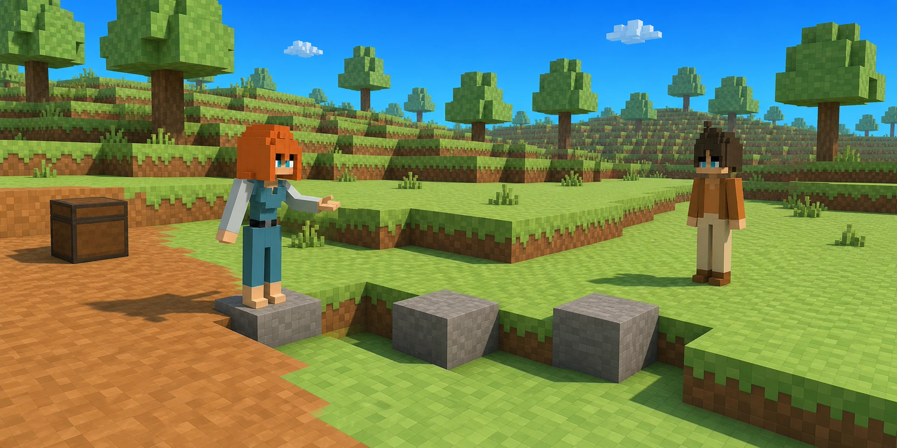 In a teaching scene generated from the canonical villagers and real Chunk.js hillside reference, the girl stands only on the first of three separated natural stone blocks while the boy waits beyond the third and the closed chest remains behind her.